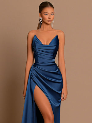Sexy Strapless Style Deep V-neck Satin Waist Corset Dinner Party Long Dress