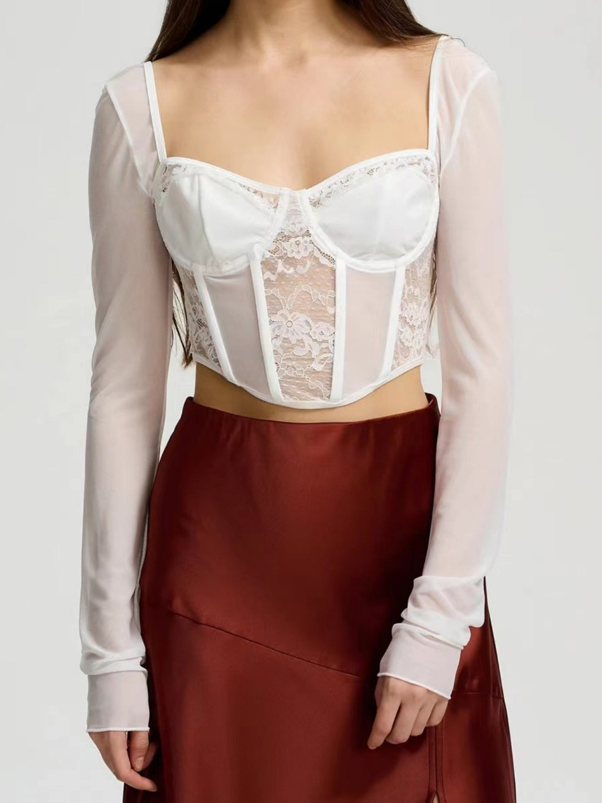 Lace See-through Herringbone Collar Spliced Long Sleeve Tops