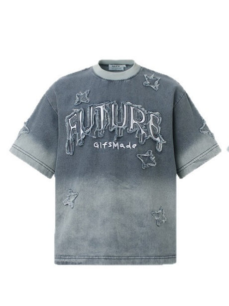 Washed Patches Stereo Embroidery Denim T-shirt