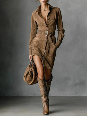 Suede Long Sleeve Lapel Single-breasted With Belt Midi Dresses