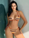 Knitted Color-blocked Striped Tie-up Bikini