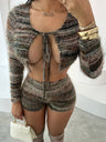 Striped Color Blocking Straps Navel Exposed Long-sleeved Cardigan And Shorts 2-piece Sets