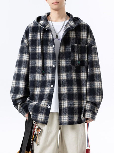Plaid Stripes Sanding Thickening Hooded Long-sleeved Shirt