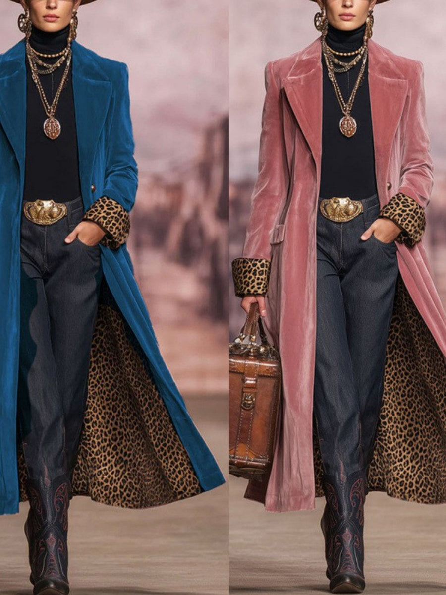 Velvet Leopard Print Splicing Suit Long Coat Coats