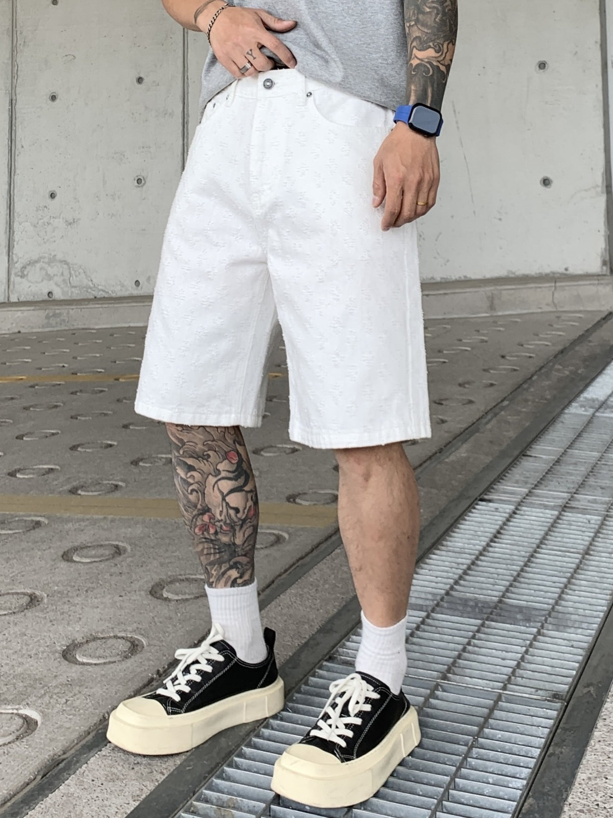 Jacquard Full Print Denim Lightweight Straight-fit Five Points Shorts