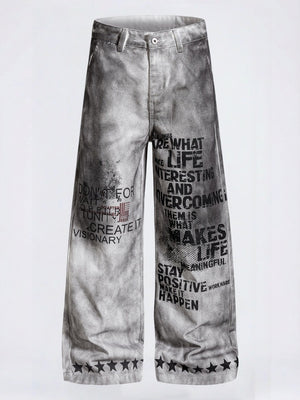 Post-apocalyptic Heavy Industry Distressed Wide-leg Punk Letter Printed Straight-fit Cargo Trousers