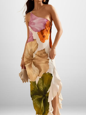 Printed Sloping Shoulders Ruffle Maxi Dresses