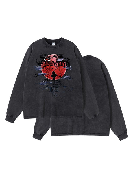 Dark Red Yabi Printed Edging Washing And Aging Long-sleeved T-shirt