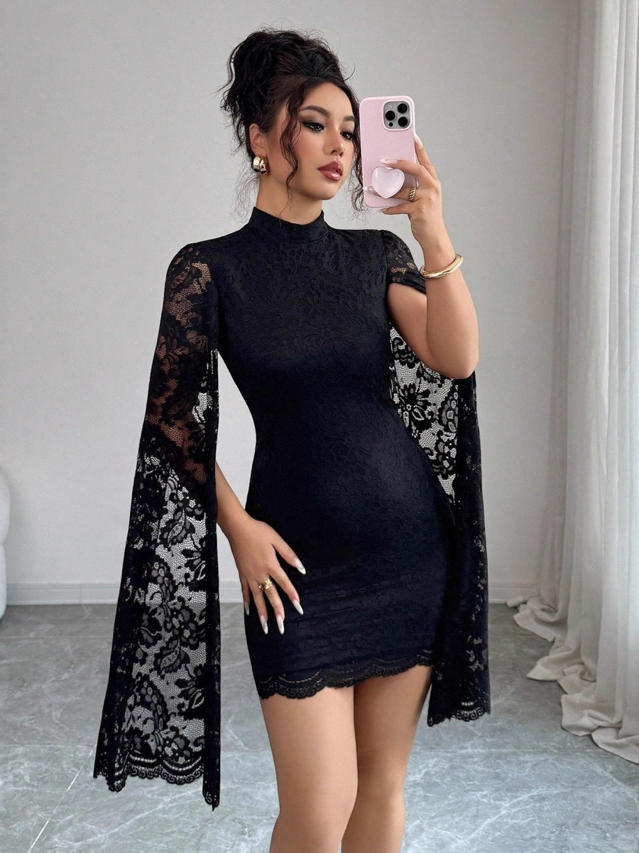 Stand Collar Lace Slit Long Sleeve Dinner Grace Sexy Short Dress