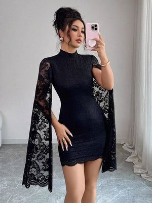 Stand Collar Lace Slit Long Sleeve Dinner Grace Sexy Short Dress