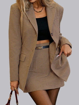 Plaid Commuting Single-breasted Blazers A-line Skirt 2-piece Sets