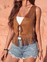 Imitation Suede Tassel Lace Up Sleeveless Vests