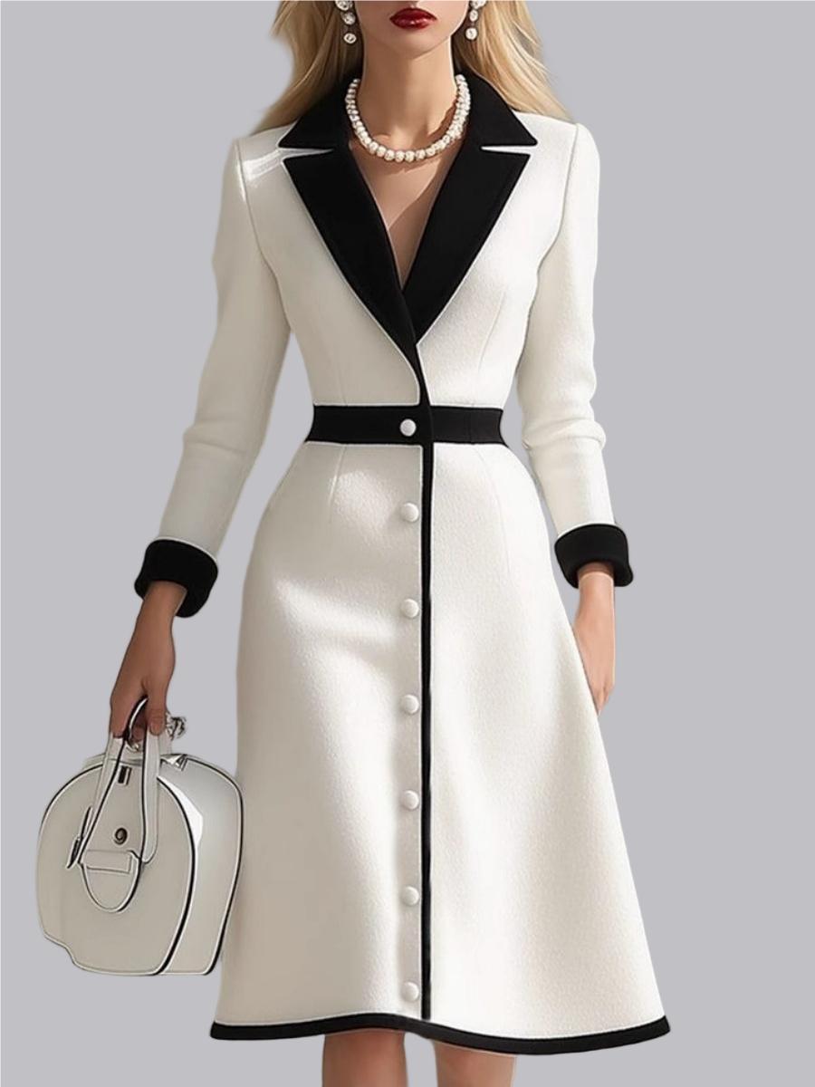 French Lapel Black And White Color Blocking High Waist Three-quarter Sleeves Workplace Midi Dresses