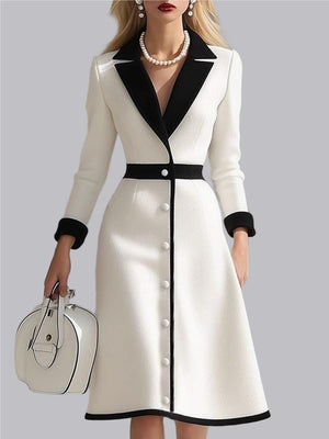 French Lapel Black And White Color Blocking High Waist Three-quarter Sleeves Workplace Midi Dresses