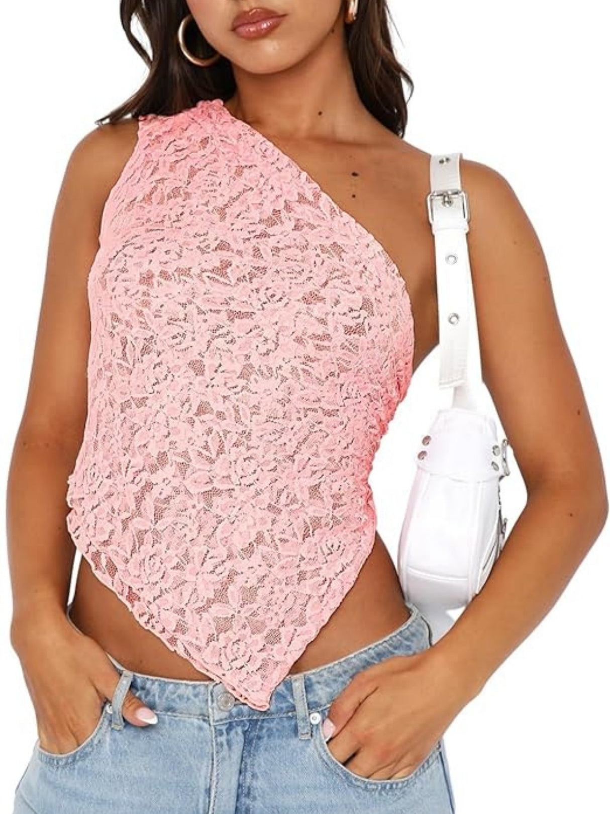 Lace See-through One-shoulder Backless Fine Mesh Sweet Tank Tops&Camis
