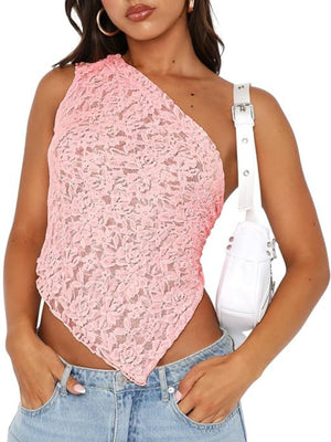 Lace See-through One-shoulder Backless Fine Mesh Sweet Tank Tops&Camis