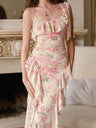 Printed Ruffled Splicing Mesh Camisoles Maxi Dresses