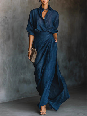 Solid Color Irregular Pleated Long Dress With Belt