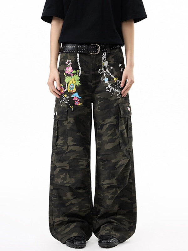Retro Printed Camouflage Cargo Trousers