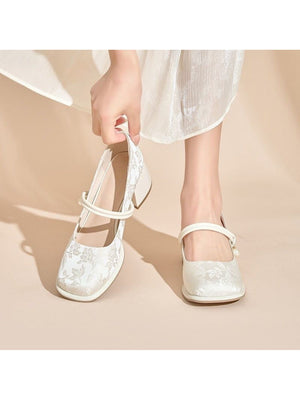 Liber Spring and Autumn Embroidery Print Pearl Women's High Heel Mary Jane Shoes