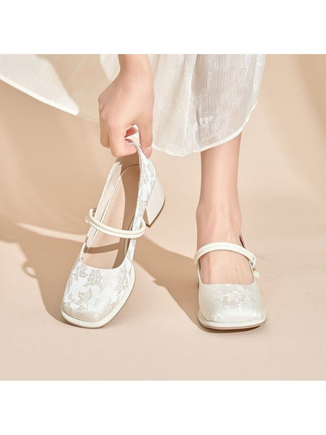Liber Spring and Autumn Embroidery Print Pearl Women's High Heel Mary Jane Shoes