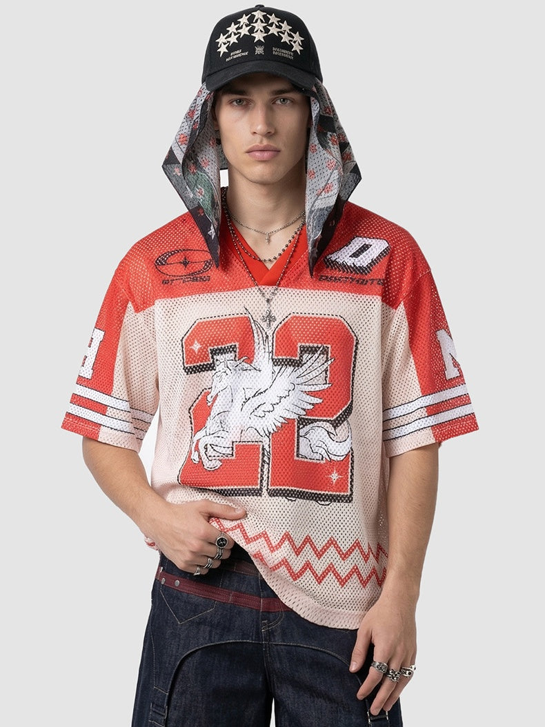 Printed Net Hole Baseball Color-blocked Breathable T-shirts