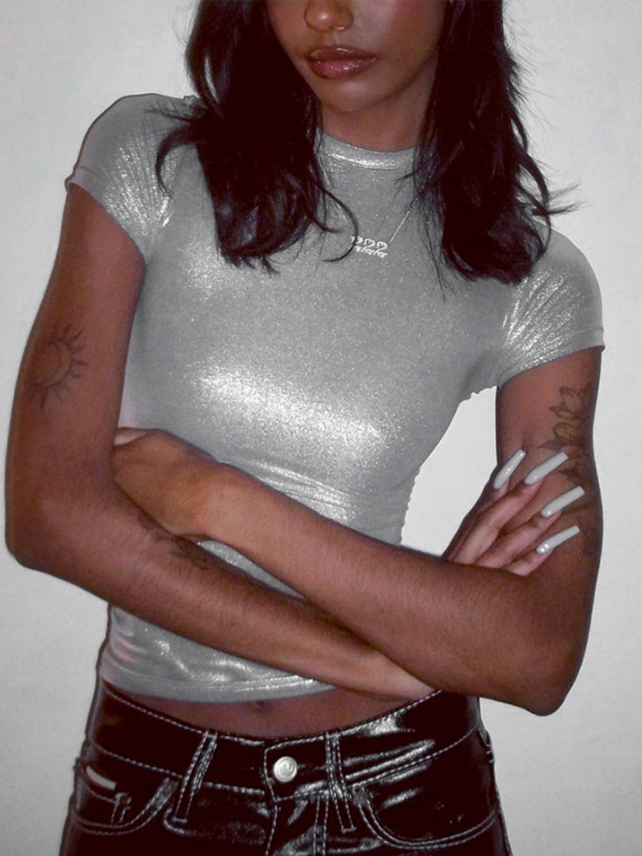Metallic Color Crew Neck Short Sleeve Tight Fit T-shirts