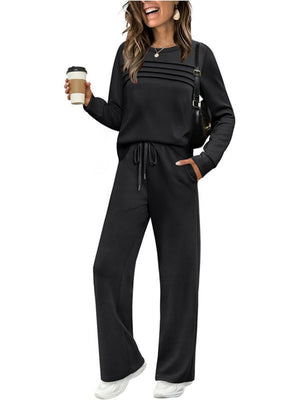Long-sleeved Round Neck Top And Casual Elastic Waist Wide-leg Pants Two-piece Set
