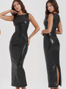 PU Leather Slit Sleeveless Maxi Dresses