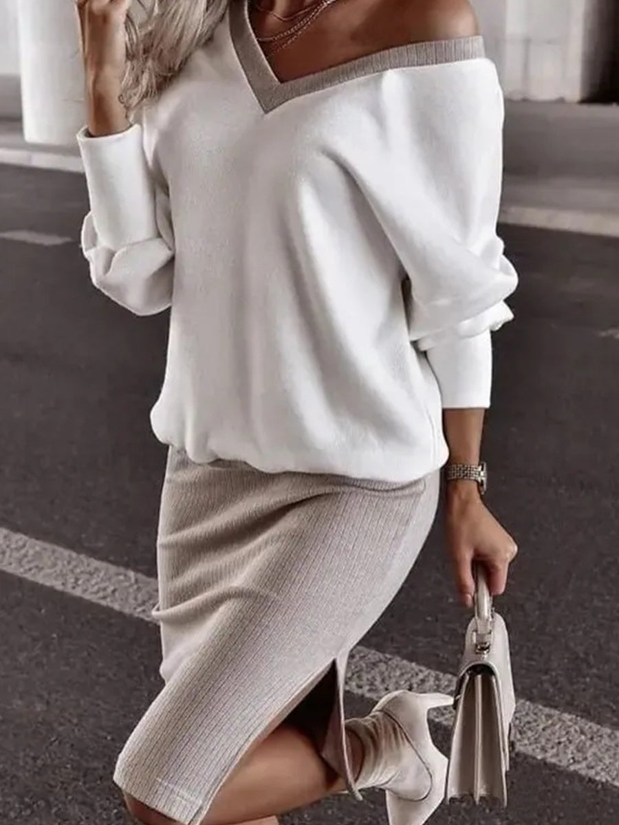 Loose-fit V-neck Sweatshirts&Hoodies Hip-hugging Slit Skirt Set 2-piece Sets