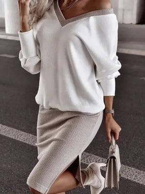 Loose-fit V-neck Sweatshirts&Hoodies Hip-hugging Slit Skirt Set 2-piece Sets