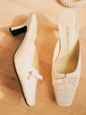 BIUCILI Original Design French-style Crocodile-patterned Cowhide Bow Low-cut High-heeled Mule Slippers For Women.