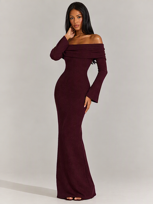 Long-sleeved Off-shoulder Pleated Knit Maxi Dress
