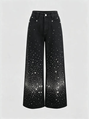 Women's Light-colored Washed Denim Wide-leg Jeans With Shimmering Details For Autumn And Winter