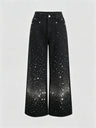 Women's Light-colored Washed Denim Wide-leg Jeans With Shimmering Details For Autumn And Winter