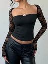 Lace See-through Bow Tie Square Neck Spliced Long Sleeve Tops