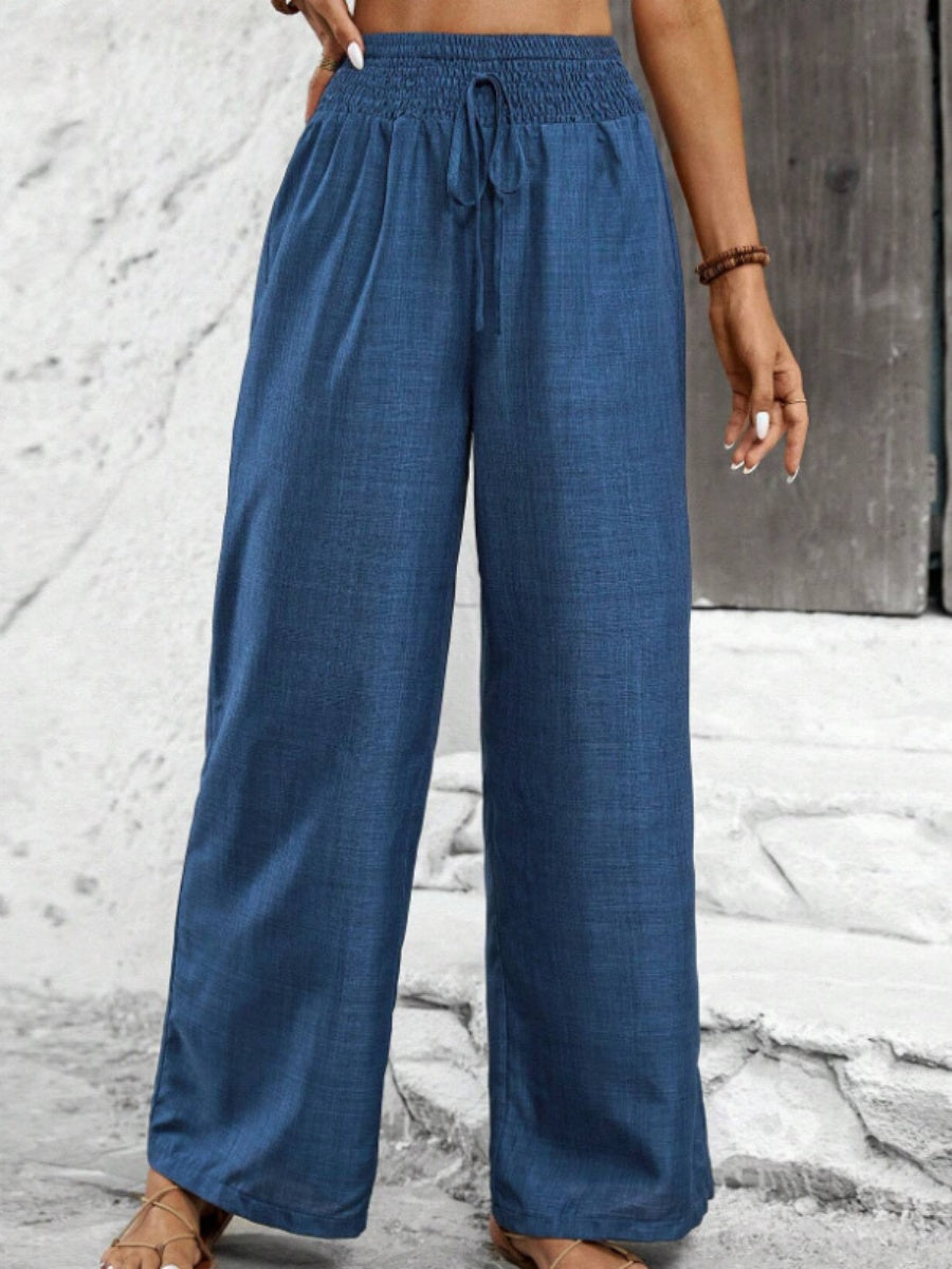 Dark Blue Pleated Waist Loose Wide-leg Straight Trousers