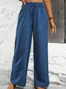 Dark Blue Pleated Waist Loose Wide-leg Straight Trousers