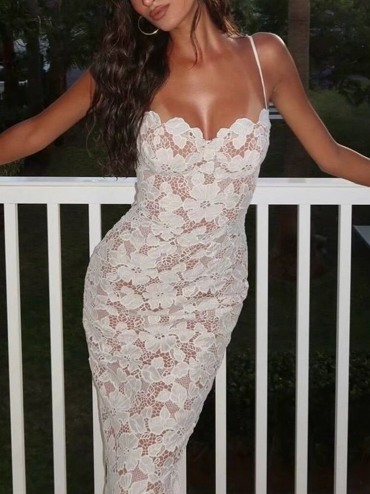 Lace See-through Strappy Slit Maxi Dresses