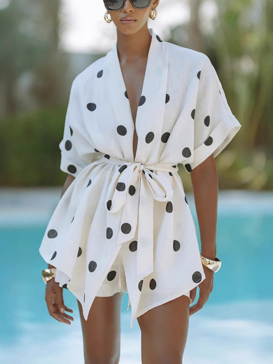Polka Dot Batwing Sleeve Shirt And Shorts Two-piece Set