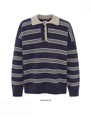 Stripes Contrasting Colors Polo Collar Loose Sweaters