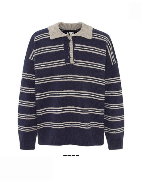 Stripes Contrasting Colors Polo Collar Loose Sweaters