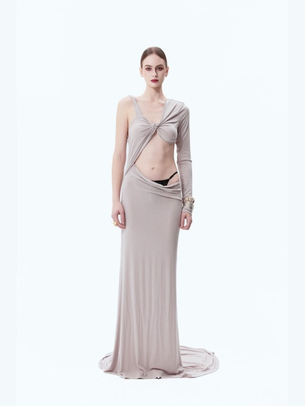 Midriff-baring, Padded-shoulder, One-sleeve, Floor-length Dress