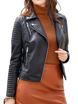 Three-dimensional Decoration Lapel Diagonal Zipper Short Leather Jacket
