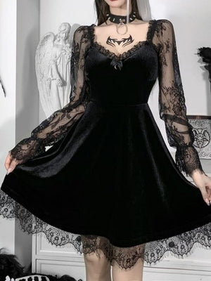 Halloween Lace Velvet Long Sleeve Midi Dresses