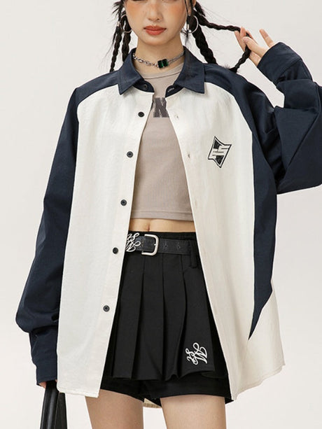 Simple Color-blocked Printed Patchwork Shirts