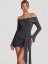 Off-the-shoulder Long-sleeved Tie-up Short Knit Dress