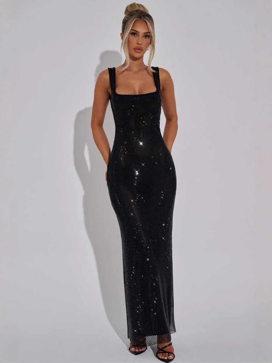 Sexy Double-strap Sequined Rhinestone Halter Top With Cinched Waist And Bodycon Silhouette Long Dress