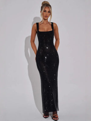 Sexy Double-strap Sequined Rhinestone Halter Top With Cinched Waist And Bodycon Silhouette Long Dress