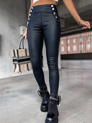 Imitation Leather Buttons High-waisted Slim Fit Pencil Trousers